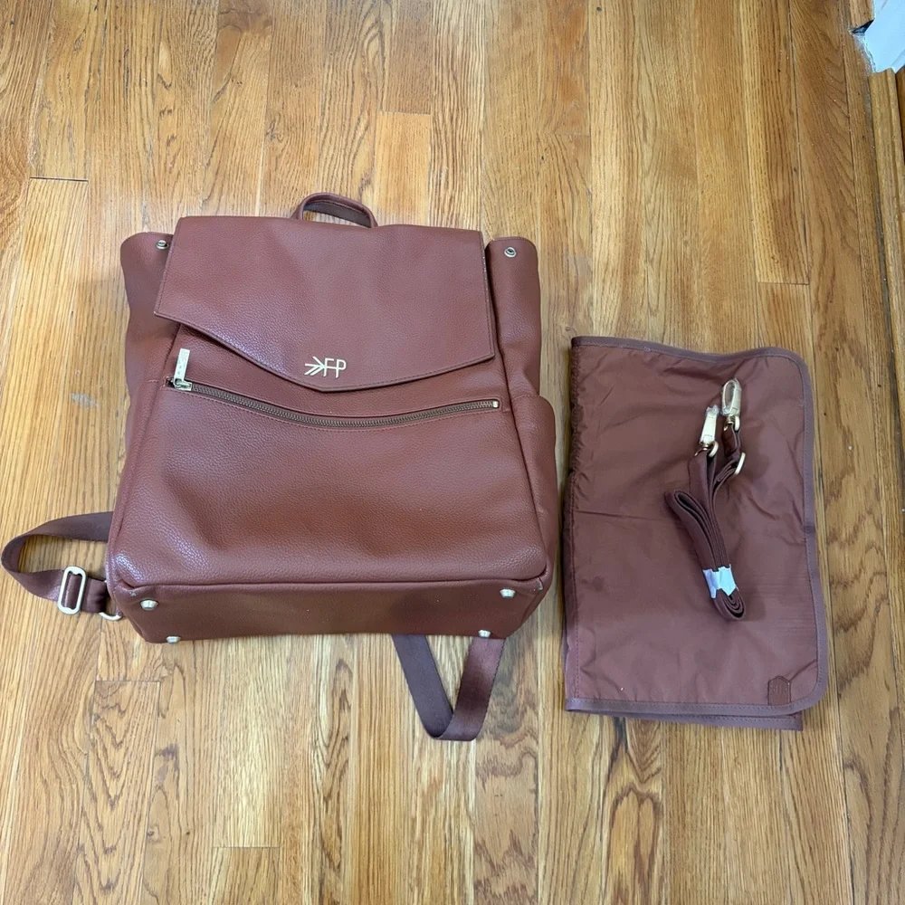 Freshly Picked Chestnut Brown Pebbled Leather Baby Backpack with Changing Pad